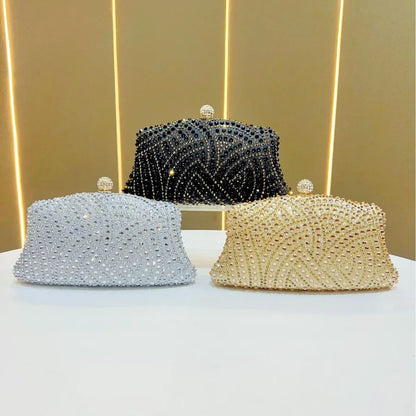 Elegant Shiny Rhinestone Evening Bag Women's Clutch Handbag Fashionable Matched Dress Bag Square Polyester Box Shape Chain