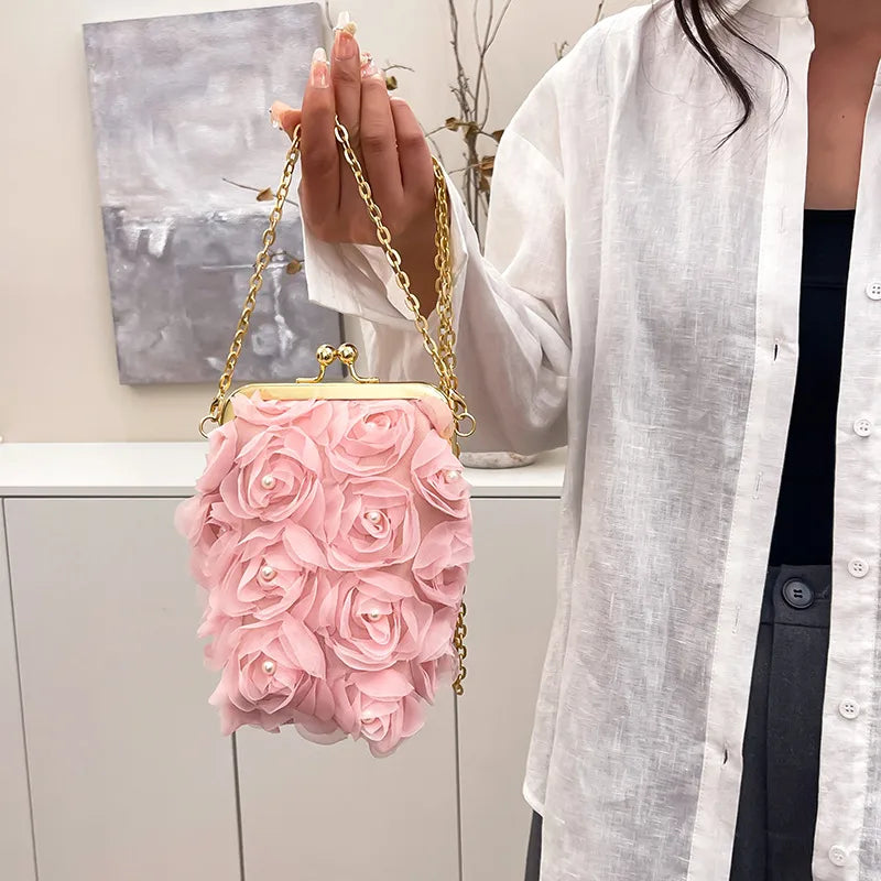 Sweet Floral Embellished Clutch Shoulder Bag For Women Fashionable Mini Square Bag Trendy Buckle Closure Fresh Style Handbag