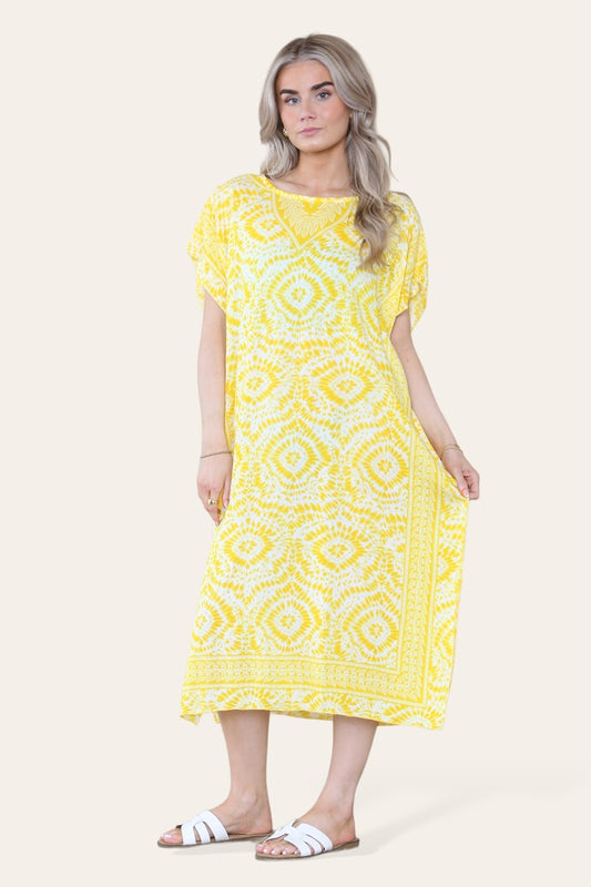 Mid-length long dress with V-neck and tie-dye print