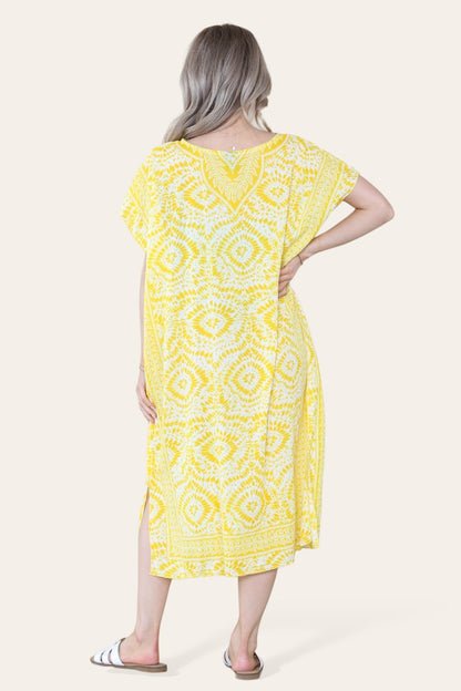 Mid-length long dress with V-neck and tie-dye print