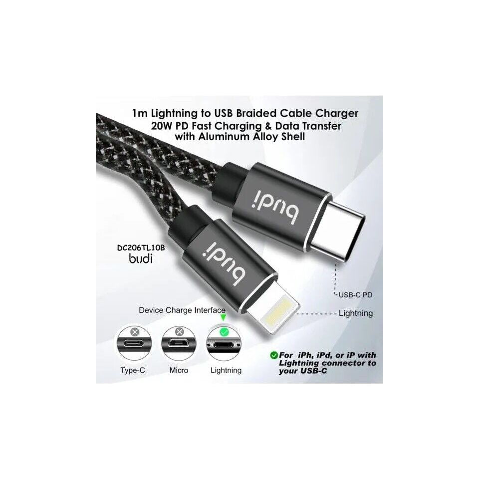Budi 1M DC206TL10B Lightning to USB Braided Cable Charger - 20W PD Fast Charging & Data Transfer with Aluminum Alloy Covering for iPhone, iPadwith Lightning connector to USB-C