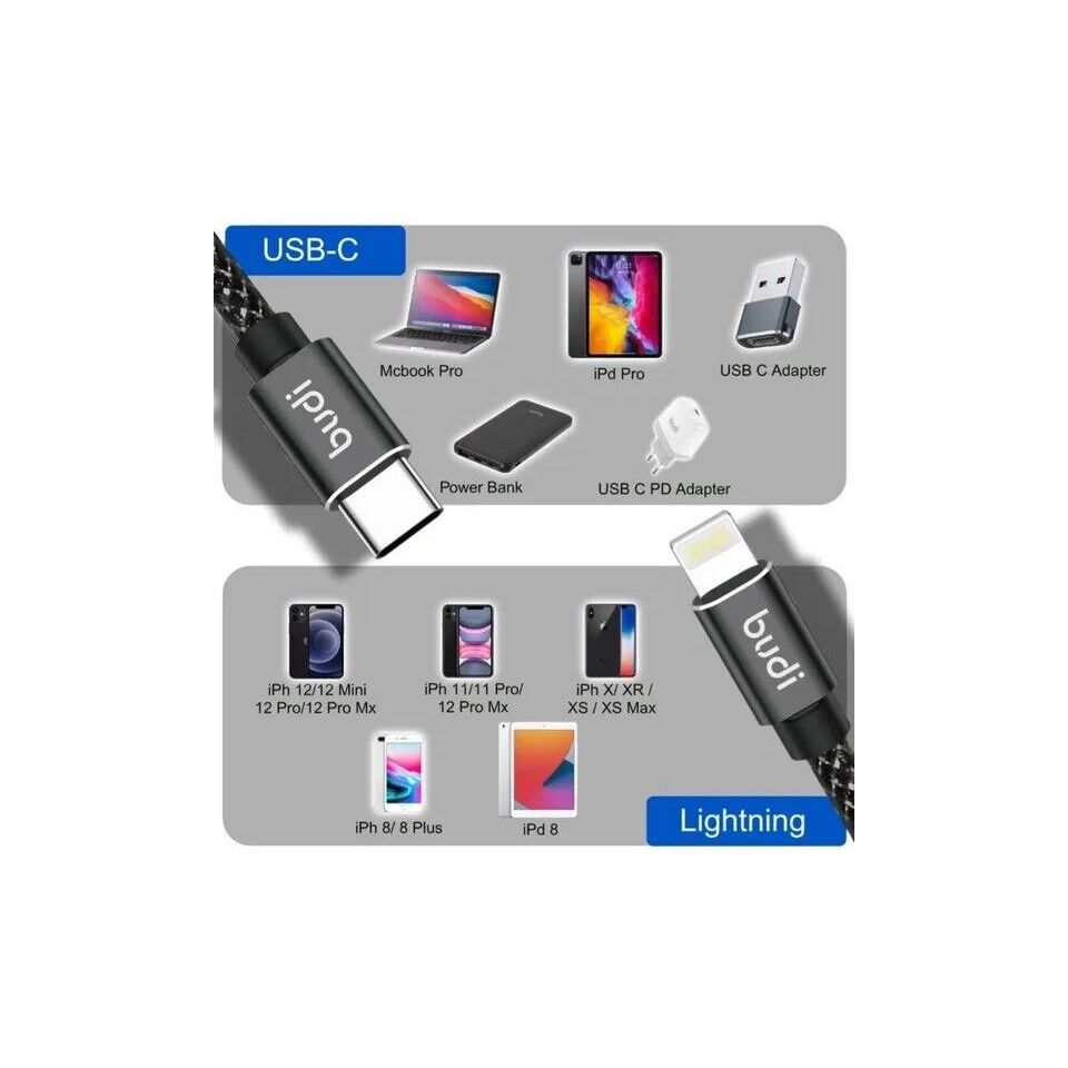 Budi 1M DC206TL10B Lightning to USB Braided Cable Charger - 20W PD Fast Charging & Data Transfer with Aluminum Alloy Covering for iPhone, iPadwith Lightning connector to USB-C