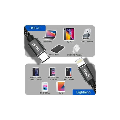 Budi 1M DC206TL10B Lightning to USB Braided Cable Charger - 20W PD Fast Charging & Data Transfer with Aluminum Alloy Covering for iPhone, iPadwith Lightning connector to USB-C