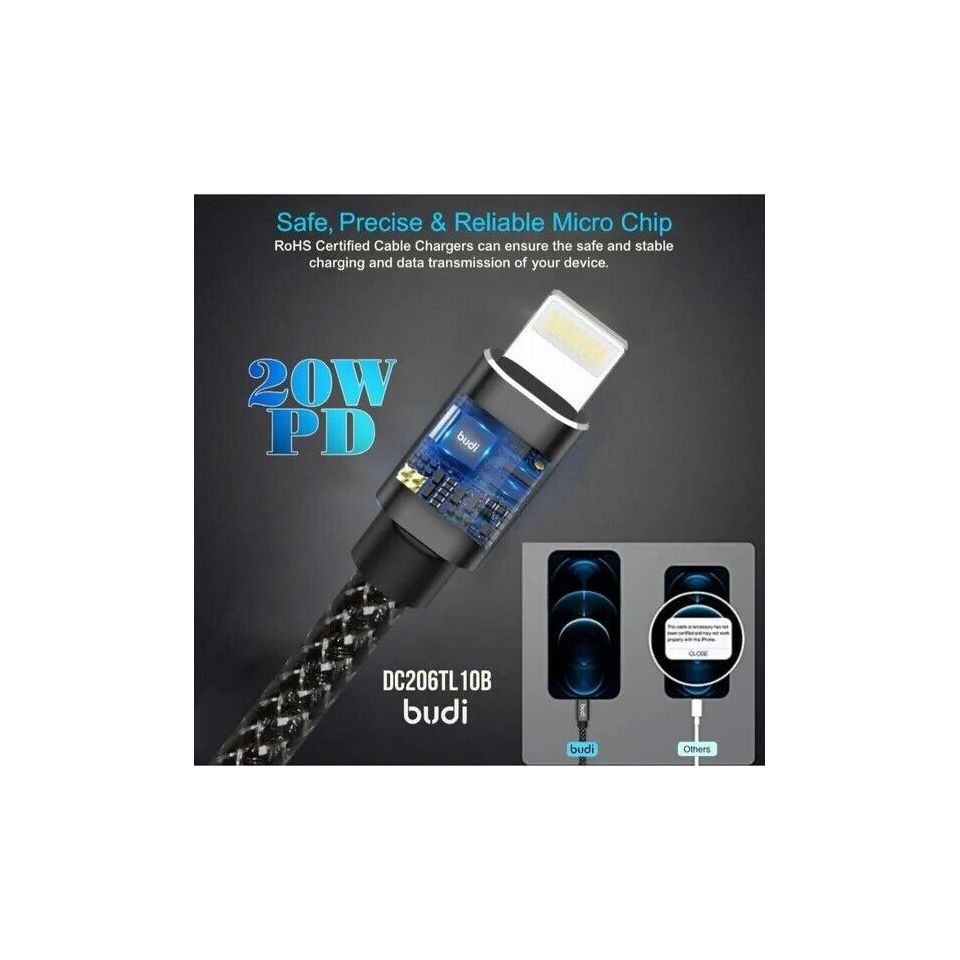 Budi 1M DC206TL10B Lightning to USB Braided Cable Charger - 20W PD Fast Charging & Data Transfer with Aluminum Alloy Covering for iPhone, iPadwith Lightning connector to USB-C