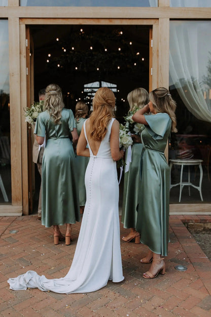 Florence Waterfall Dress in Sage Green Satin