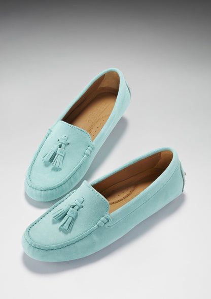 Women's Tasselled Driving Loafers, aqua suede