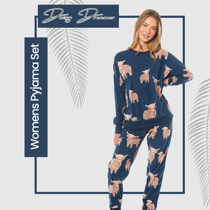 Women's Highland Cow Printed Soft Fleece Pyjama Set Long Sleeve Animal Warm PJs Loungewear Sleepwear for Ladies by Daisy Dreamer