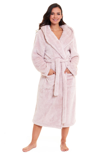 Women's Pink Snuggle Fleece Touch Hooded Robe Luxurious Soft Loungewear Cosy Durable Dressing Gown UK Sizes 8-22 by Daisy Dreamer